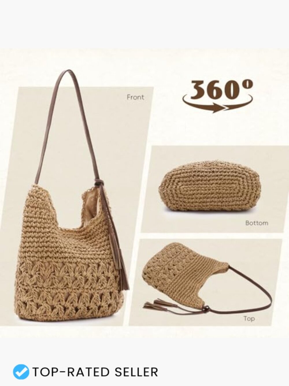 Straw Woven Tote Bag Summer Beach Crochet Hobo Shoulder Bag Handmade Vacation - Picture 3 of 7